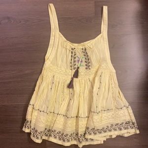 Free People Embroidered Pale Yellow Top
